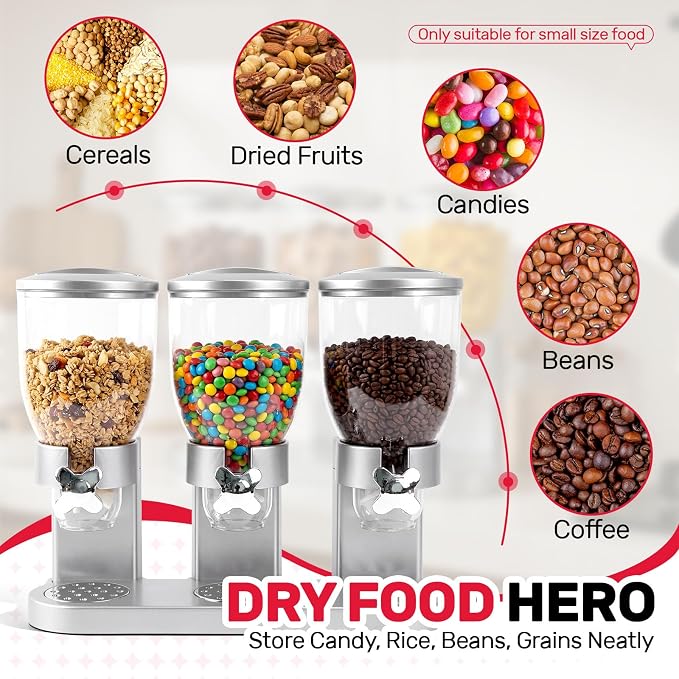 Triple Cereal Dispenser - 3 Pack 2L Large Cereal Containers Storage Airtight, Rotating Plastic Cereal Dispenser for Countertop, Pantry Organizer for Cereal, Rice, Grains, Candy, Coffee Beans