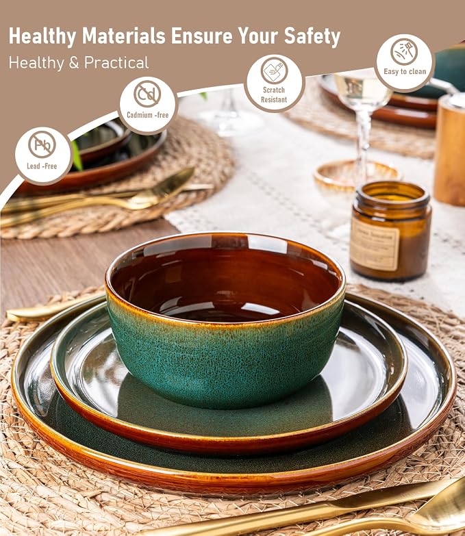 GBHOME Dinnerware Sets for 4, 12 Pieces Stoneware Plates and Bowls Sets, Scratch Resistant Dishes, Dishwasher & Microwave Safe, Rustic Reactive Glaze-Brown Green
