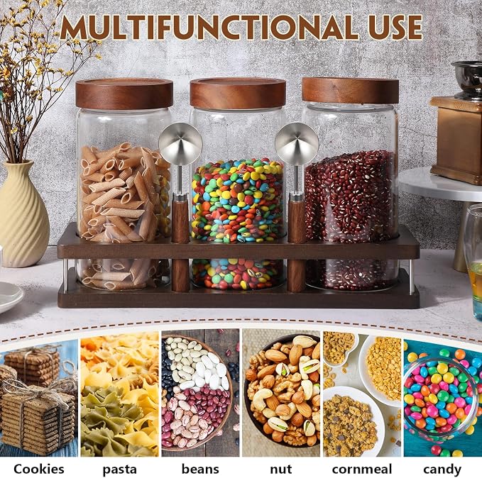 Suclain 3 Pcs 44 oz Glass Coffee Grounds Container with Shelf Glass Coffee Bean Storage Canisters with Airtight Lid and Measuring Spoon Food Storage Jars for Kitchen Sugar (Vintage Style)