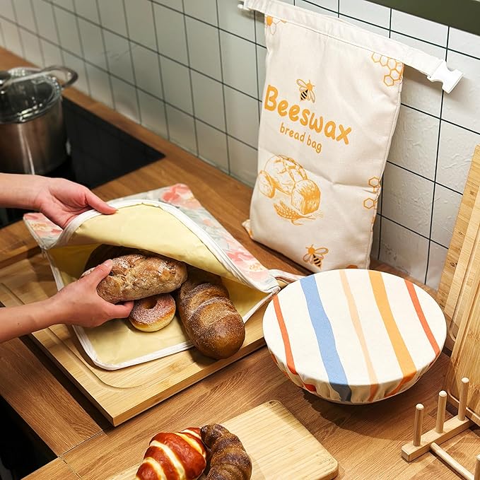 Reusable Beeswax Bread Bags for Sourdough – XXL Large Bread Storage Bag with L-Shape Wide Zipper & Detachable Shoulder Strap, Set of 2 + Cotton Linen Bowl Cover for Homemade Bread