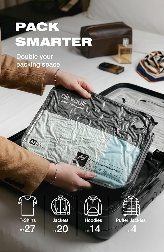 AirVault Reusable Vacuum Compression Travel Bag for Carry-On Suitcase and Backpack, Recycled IPX8 Waterproof Space Saver Vacpack (21L Gray (3-Pack) (Air Pump Included)