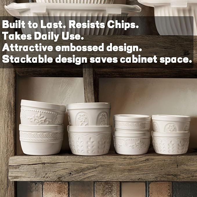 Artena Ramekins Oven Safe, Creme Brulee Ramekins, Embossed White Ceramic Ramiken, Souffle Pudding Custard Cups, Baking Dish, Dipping Bowls, Sauce Cups, Set Of 4 (8 oz, Damask Floral)