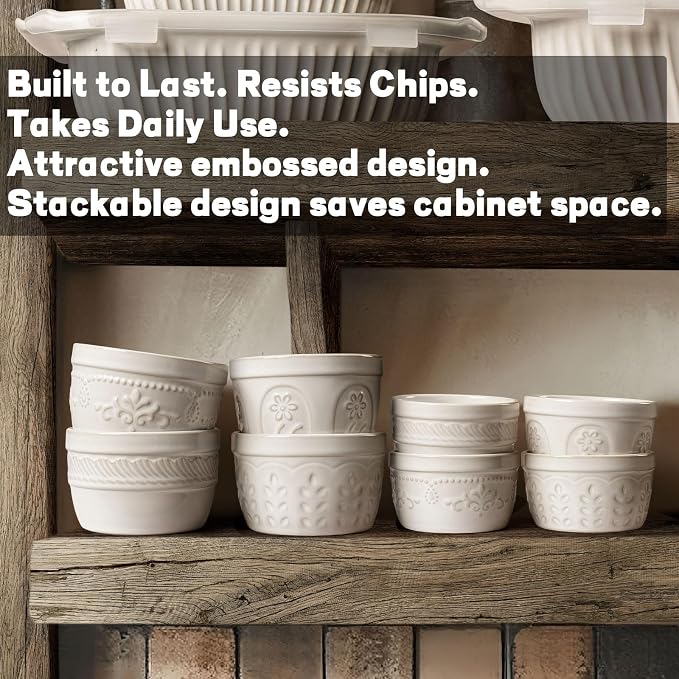 Artena Ramekins Oven Safe, Creme Brulee Ramekins, Embossed White Ceramic Ramiken, Souffle Pudding Custard Cups, Baking Dish, Dipping Bowls, Sauce Cups, Set Of 4 (4 oz, Multiple Patterns)