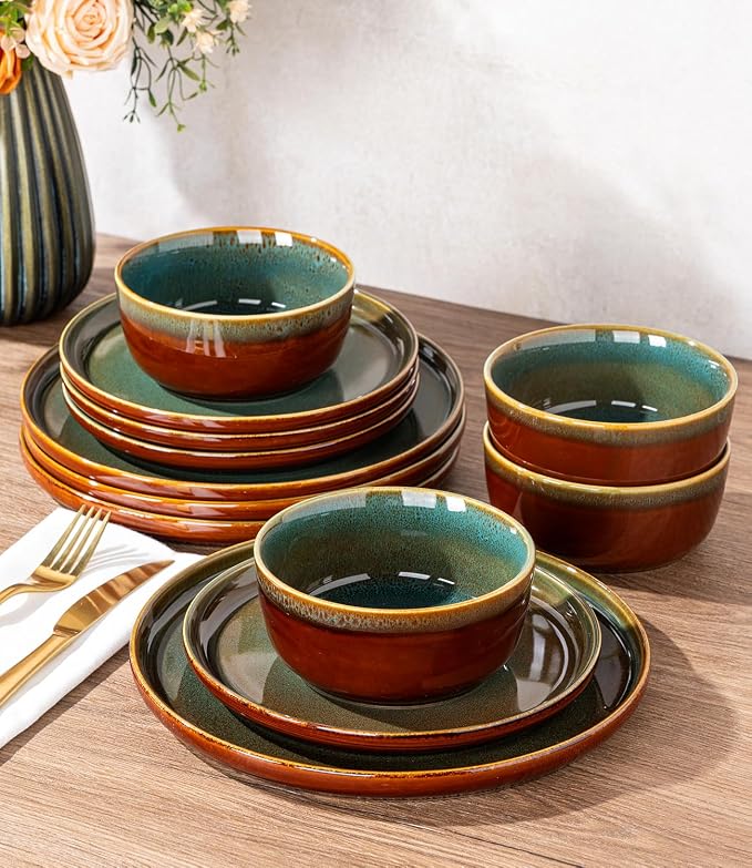 GBHOME Dinnerware Sets for 4, 12 Pieces Stoneware Plates and Bowls Sets, Scratch Resistant Dishes, Dishwasher & Microwave Safe, Reactive Glaze