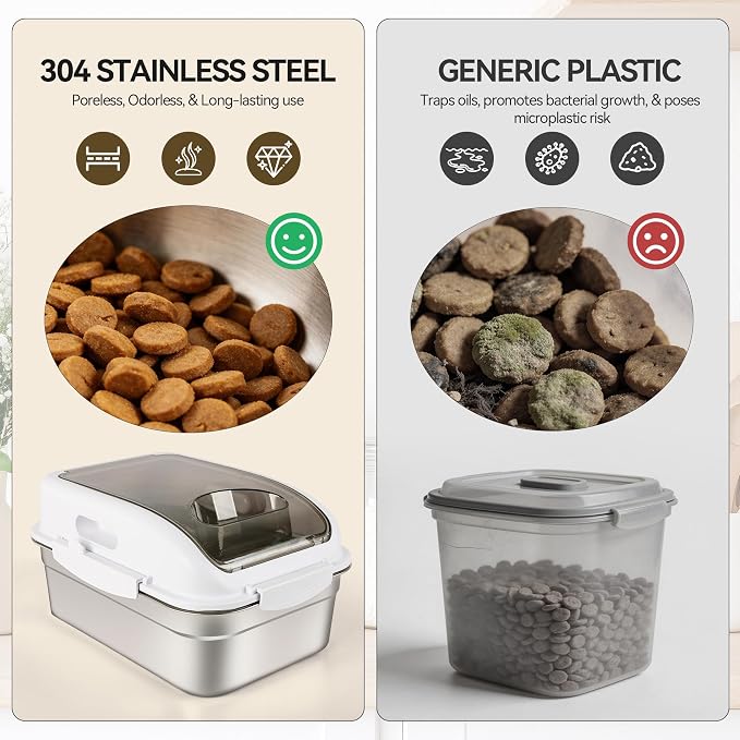 ALL FOR PAWS 304 Stainless Steel Dog Food Storage Container, Airtight Mouse Proof Storage Bin with Lid and Scoop, Pet Food Storage Container for Dog, Cat & Bird Seed, Up to 11 Lbs, Keep Food Fresh