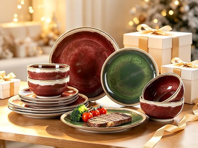 Sweejar 12 Pieces Ceramic Dinnerware Sets for 4, Gradient Glaze Plates and Bowls Set, Microwave & Dishwasher Safe, Stackable Dish Set, Scratch Resistant Dishware Sets, Green