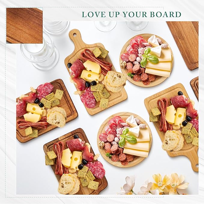 Maxcheck 50 Sets Baby Shower Bridal Game Prizes for Winners Round Cheese Board Set Wood Mini Charcuterie Board with Knives and Forks Thank You Card with Gift Box for Guests Wedding (Acacia)