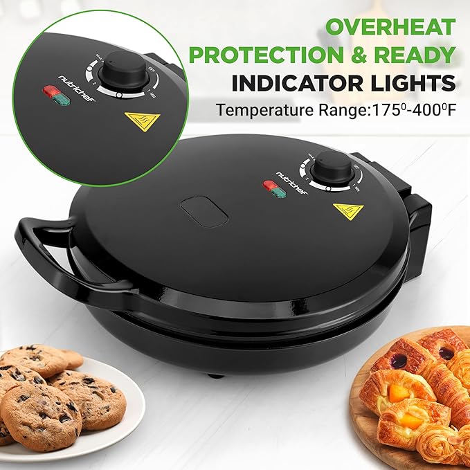 NutriChef Countertop Pizza Maker | 1500W Non-Stick Electric Pizza Cooker | Make 12" Personal Pizzas, Eggs, Toast, Quesadillas & More | Cool-Touch Handles & Space Saving | Temp Range 175-400°F | Black
