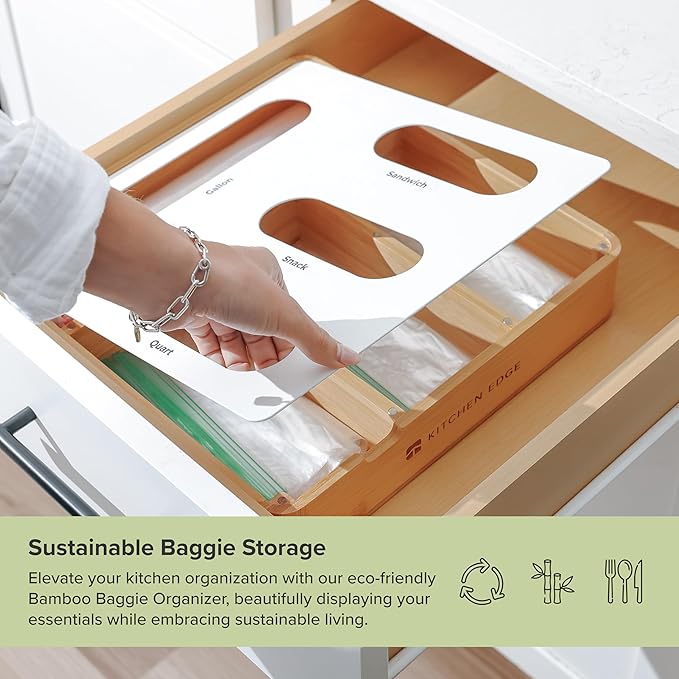 Premium Ziplock Bag Organizer – Kitchen Edge 4-Slot Bamboo Organizer with White Metal, Fits Gallon, Quart, Sandwich & Snack Bags, Magnetic Top, Non-Slip Base, Wall Mountable, 13in x 13in x 2.5in