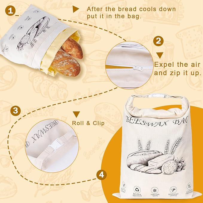 2-Pack Reusable Beeswax Bread Bags for Sourdough & Homemade Bread，Cotton Waxed Bags Keeps Fresh Longer(Navy Bloom)
