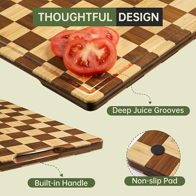 THETCHRY Bamboo Cutting Board Set, Checkered Wood Cutting Boards for Kitchen with Juice Groove, Non Toxic Wooden Charcuterie Boards, Non Slip Chopping Board for Meat Fruit Cheese, Housewarming Gift