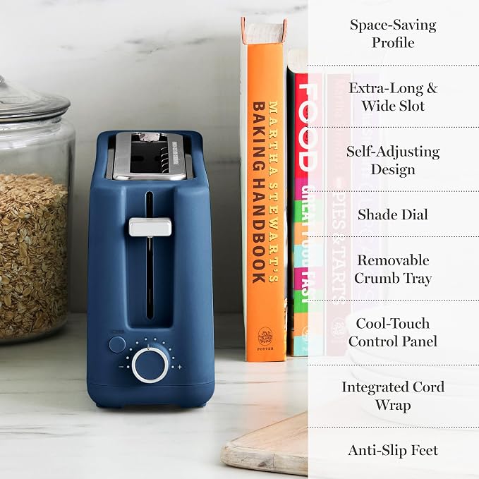 Martha Stewart 2 Slice Long Slot Toaster, Extra Wide for Sourdough & Bagels, 10 Setting Shade Control, Removable Crumb Tray, Self-Centering Design, Defrost/Reheat, Cancel, Slim Space-Saving, Indigo