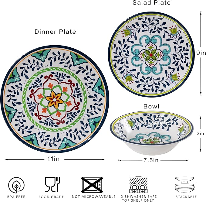 12 pcs Talavera Melamine Dinnerware Set, Service for 4 Melamine Plates and Bowls Set, Unbreakable Dishes Dinnerware Set, Great for RVs, Camping, BPA Free and Dishwasher Safe