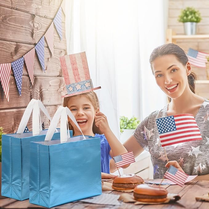 Eccliy Reusable Gift Bags Set Glossy Grocery Gift Tote Bag with Handle for Wedding, Bridal Shower, 4th of July, Summer Event(12 x 11 x 4.7 I Inch,Lake Blue,80 Pcs)
