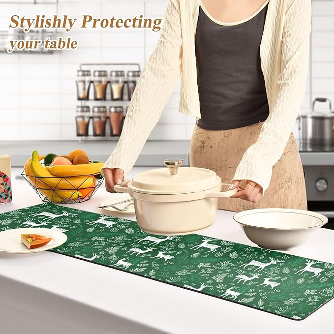 White Christmas Deers Plants Trivet Table Runner Heat Resistant 230F for Hot Dishes Pots Plates Kitchen Dining Table Protector Decorative 39.37 X 11.8 Inch