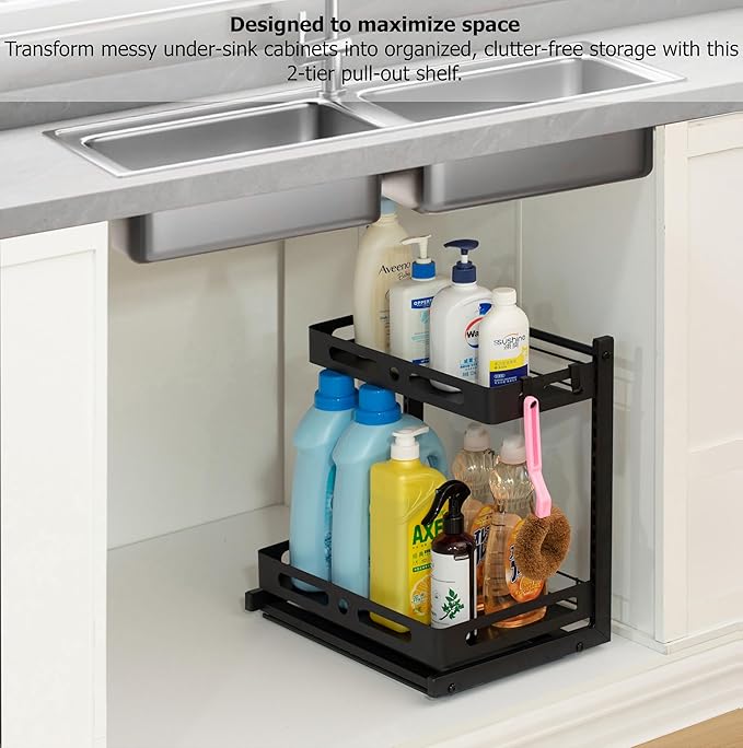 Basicwise Adjustable Height Under Sink Pull-Out Organizer 2-Tier Sliding Shelf Rack Heavy-Duty Mesh Baskets for Kitchen & Bathroom Cabinets Ideal for Tall Bottles Cleaning Supplies & Tight Spaces
