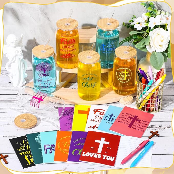 Skylety 12 Sets Christian Gifts for Women Bulk 16 oz Bible Verse Glass Cups Religious Tumblers with Lids Straw Spiral Notebooks Pen for Teacher Church Employee Coworker Women