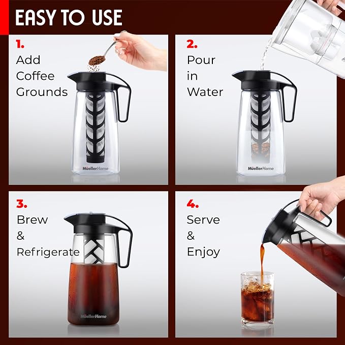 Cold Brew Coffee Maker, 64 oz Tritan Fortified Pitcher, Pour Spout Handle Lid, Resilient & Leak-Proof for Iced Coffee Tea