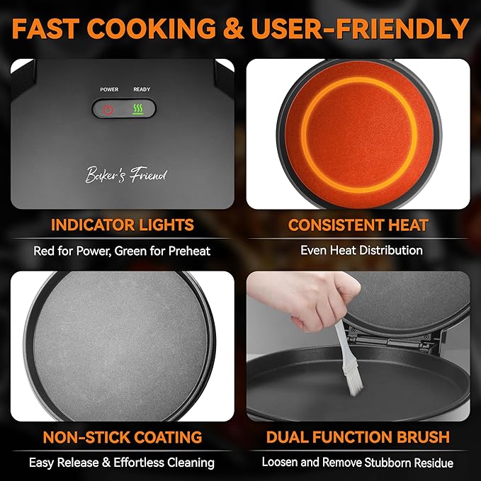 Baker’s Friend Pizza Maker Electric with Temperature Control, Indoor Quesadilla Maker, 12 Inch Electric Pizza Maker Machine for Home, Pizza Cooker, 1400W, Graphite