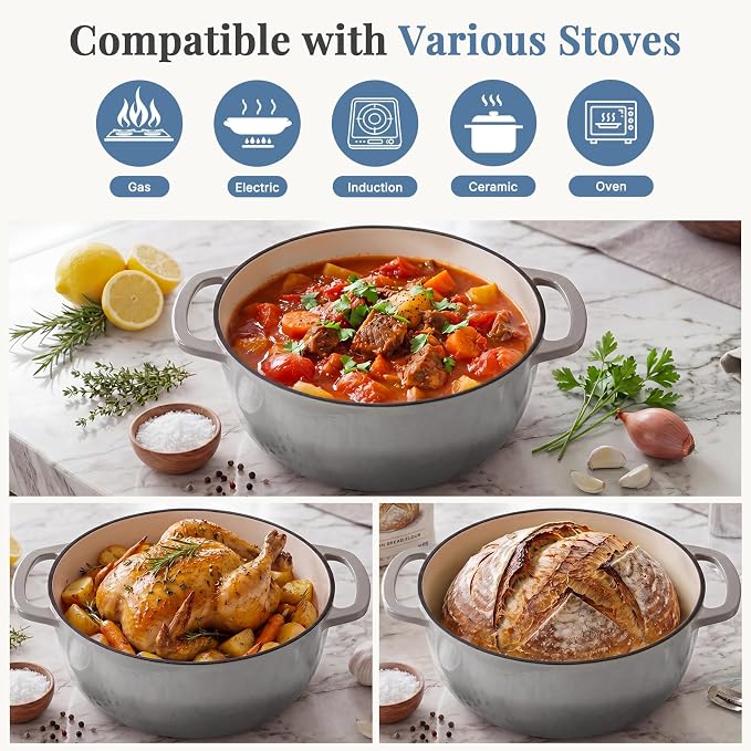 DUMOS Cast Iron Dutch Oven, 6 Quart Pot with Lid, Enameled Heavy Duty Cookware, Oven Safe to 500°F, Perfect for Bread Baking, Braising, Stews and Roasting, Moisture Sealing Lid with Dual Handles, Grey