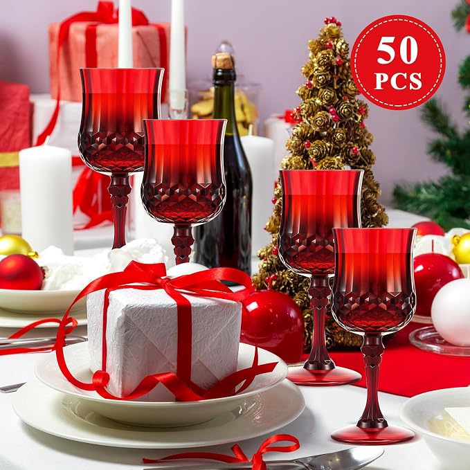 Pinkunn 50 Pcs 7 oz Plastic Vintage Wine Glasses Reusable Colored Goblets Patterned Drinking Water Glasses Cup Dishwasher Safe for Mother's Day Wedding Reception Party Supplies (Red)