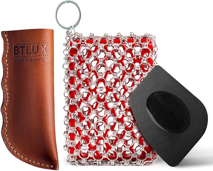Cast Iron Care Bundle: 316 Stainless Steel 𝐓𝐫𝐢𝐩𝐥𝐞 𝐑𝐢𝐧𝐠 𝐂𝐡𝐚𝐢𝐧𝐦𝐚𝐢𝐥 Scrubber (Red) & Extra Thick Leather Handle Cover (𝐌𝐚𝐝𝐞 𝐢𝐧 𝐆𝐞𝐨𝐫𝐠𝐢𝐚) – Perfect for Pan