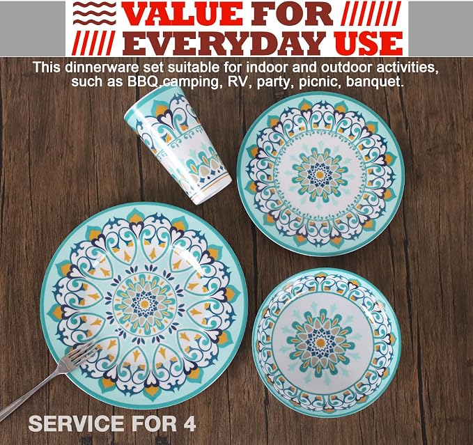 Melamine Dinnerware Set for 4-16 Pcs:Camping Dishes Set with Dinner Plates,Salad Plates,Bowls and Cups.Lightweight and Unbreakable.Indoor and Outdoor Use.