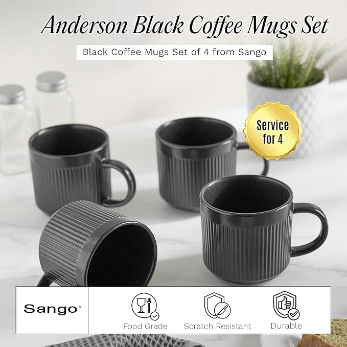SANGO Anderson Black Coffee Mugs Set of 4, 16.5 oz Stoneware Coffee Mug Set, Big Ceramic Tea Cup with Matte Glaze for Cappuccino, Latte, Large Coffee Cups with Handle, Microwave & Dishwasher Safe