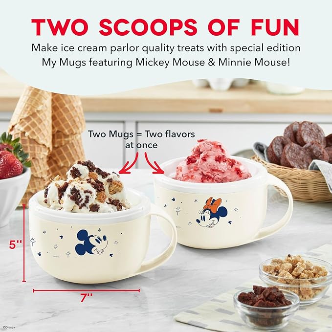 Disney | Dash Mickey Mouse & Minnie Mouse My Mug Ice Cream Maker 2-Pack Bundle — Electric Countertop Soft Serve Ice Cream Machine, 2 Half-Pint Mugs with Ingredient Chute & Recipe Guide