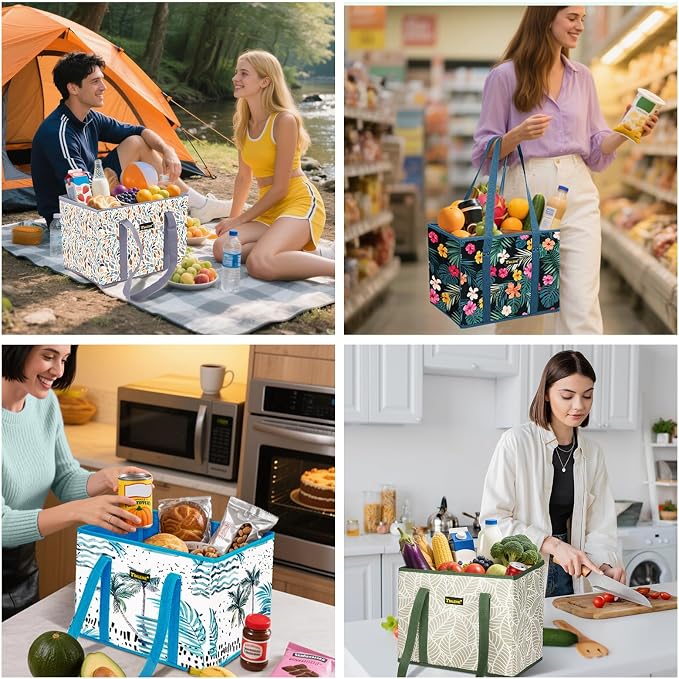 BALEINE 6Pk Reusable Grocery Bags, Foldable Shopping Bags for Groceries with Reinforced Bottom & Handles (Blossom Season)