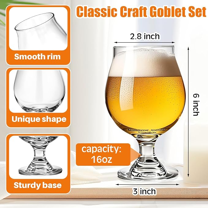 Sabary 12 Pcs 16 oz Classic Craft Goblet Beer Glasses Belgian Style Tulip Beer Glasses Cup Drinking Set for Bachelor Party, Hosting Party, Glassware, IPA Ale Pilsner Belgian