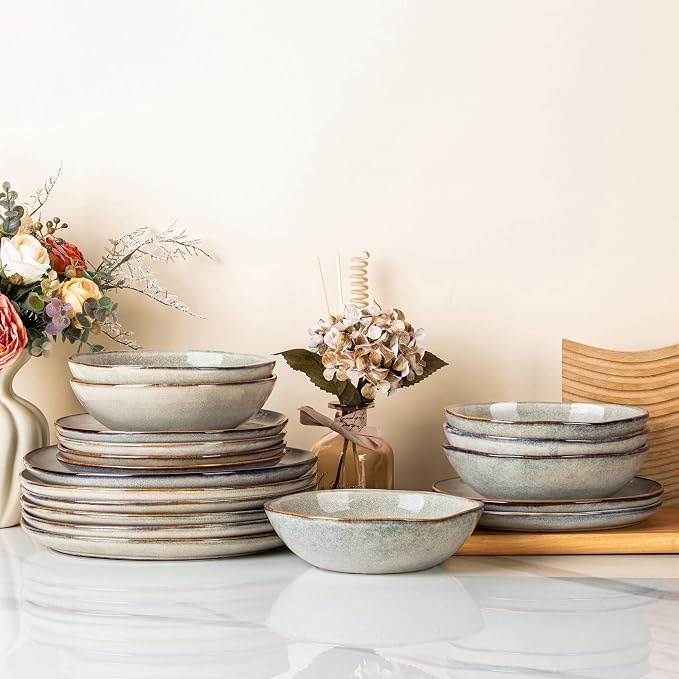 GBHOME Stoneware Dinnerware Sets for 4, 12 Pieces Rustic Earthenware Plates and Bowls Set, Handmade Reactive Glaze Ceramic Plate Sets, Chip Resistant Dishes, Microwave & Dishwasher Safe, Wheat Green