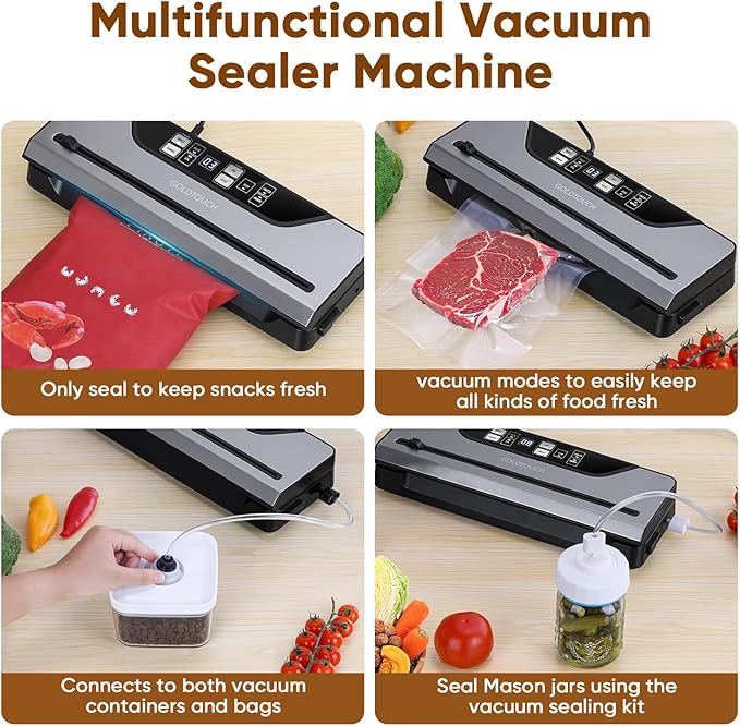 Vacuum Sealer for Food, Electric Food Vacuum Sealer Machine with Digital Display, 8 Preset Modes, Built-in Cutter, Includes 3 Food Storage Containers & Full Starter Kit