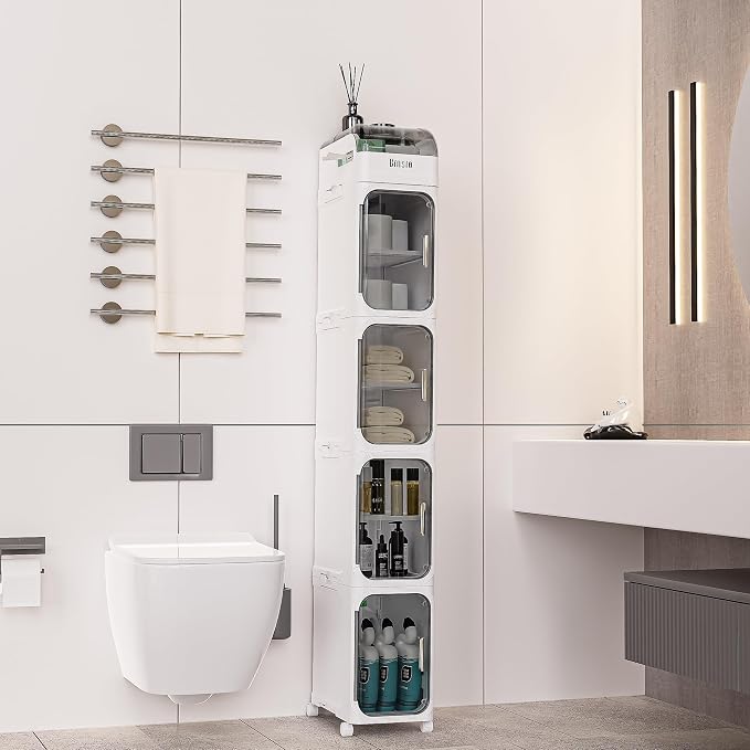 BINSIO 5-Tiers Slim Bathroom Organizers and Storage, Bathroom Counter Organizer, Toilet Paper Storage, Foldable Organizer Storage Cabinet, Portable Laundry Room Organization, Plastic White Clear Doors