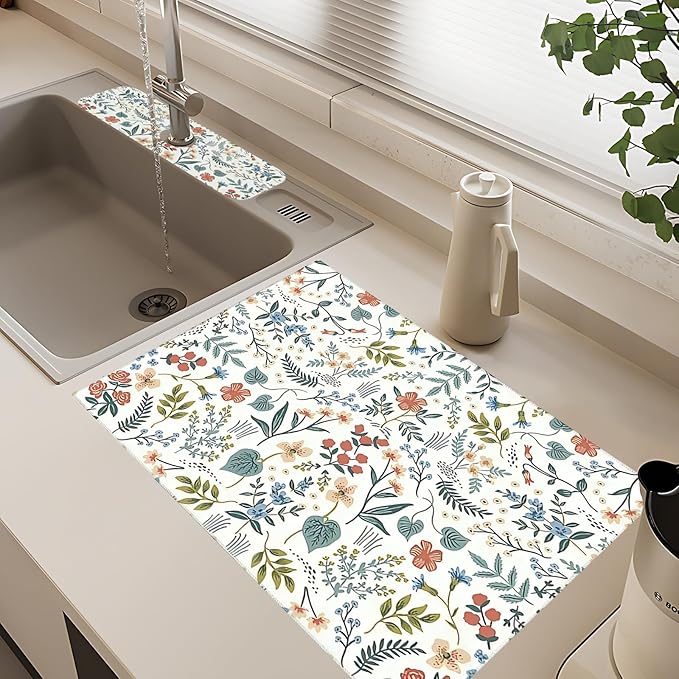 2Pcs Dish Drying Mats Faucet Mats Sets Large Size Coffee Mats Sink Faucet Mat Splash Guard for Kitchen Counter Bathroom Sink Coffee Bar Kitchen Decor (Wildflowers 1, 18"x24" 15" x 5.5"Set)