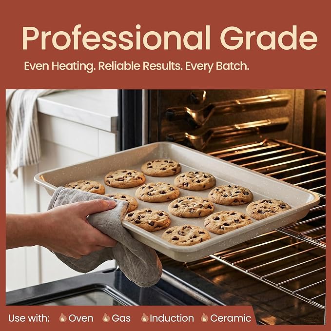 BAKKEN Nonstick Carbon Steel Bakeware Set - 6 Piece Kitchen Baking Trays, Non Toxic Stackable Oven Pans Bundle with Cookie Sheets, 6 Cup Muffin, Roaster, Square Cake, and Loaf Pan for Bread