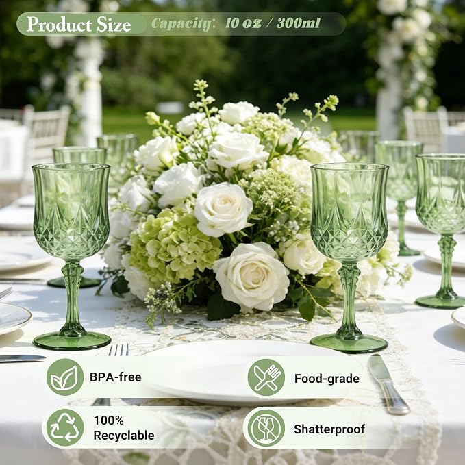 30 Pack Plastic Wine Glasses,10oz Unbreakable Vintage Style Goblets,Reusable Crystal Like Drinking Glass for Wedding Reception, Party Supplies (Sage Green)