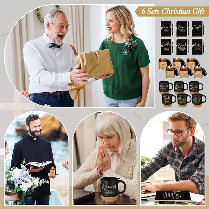 FillTouch 6 Set Christian Gift for Men 15 oz Bible Verse Ceramic Coffee Mug A6 Leather Journal with Pen and Scented Candle Religious Gift for Church Pastor Sunday School(Black)