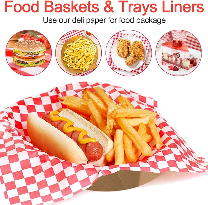960 Pieces Deli Wax Paper Sheets 12 x 12 inches Checkered Sandwich Wrapping Paper Food Basket Liners for Food Serving, Party, Festival and Outdoors, Red