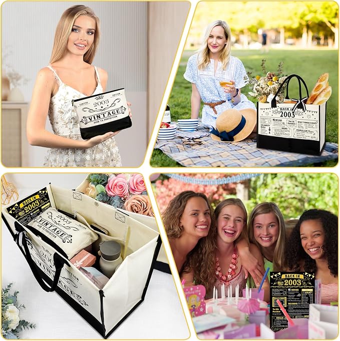 23rd Birthday Gifts for Women Canvas Tote Bag Travel Gear, Unique 23 Years Old Birthday Gifts for Girlfriend Daughter Sister Friends Her, Vintage 2003 Handbag & Cosmetic Bag & Back in 2003 Poster