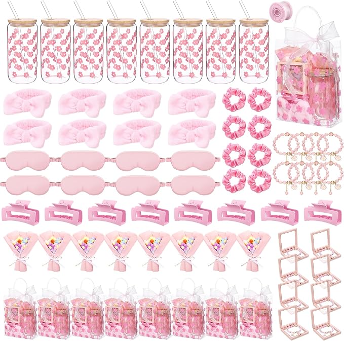 Vesici 73 Pcs Spa Sleepover Party Supplies Bulk Women 8 Sets Slumber Birthday Bridesmaid Gift Crochet Flower Glass Cup Eye Mask Hair Ties Gift Bag Bracelets Scrunchies Headband(Cherry Blossoms,Pink)