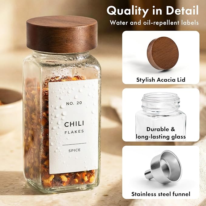 EDELHAUS® Square Spice Jars with Acacia Wooden Lid (Pack of 24) Spice Jars with Shaker Insert and 240 Labels - Acacia Lids Glass Container for Spice Organisation [4.3 in × 1.8 in]