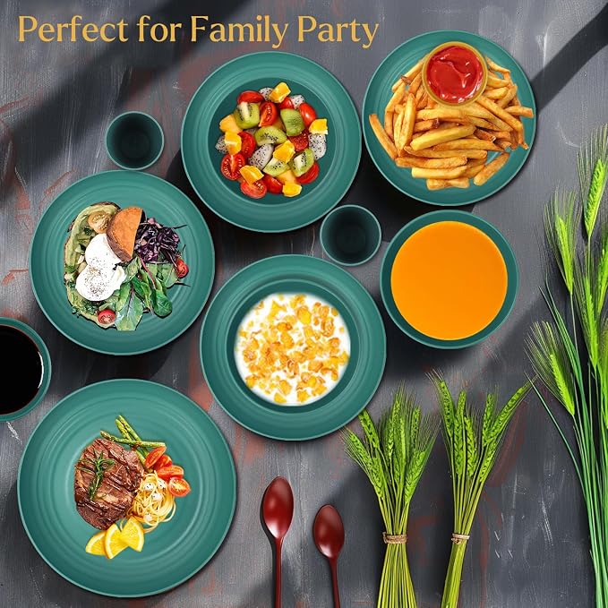 Wrova Wheat straw plates and bowls set of 16 - Unbreakable wheat straw dinnerware sets for kids - Alternative plastic dinnerware set service for 4 - Microwave safe and Dishwasher safe bowls. Green