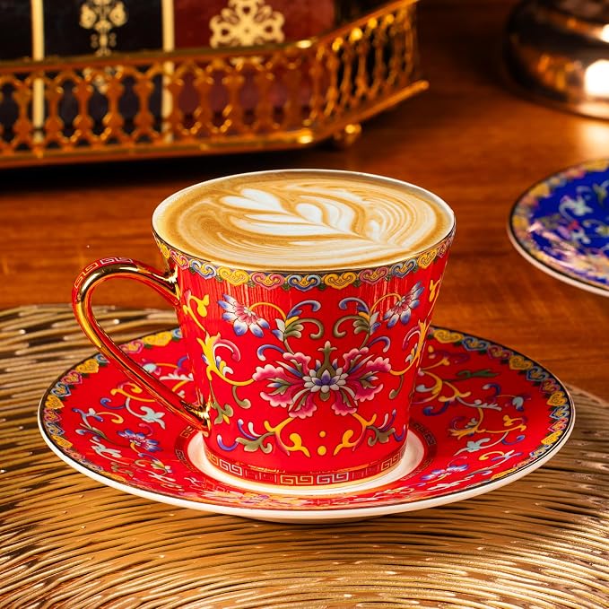 KAMMAK Tea Cups and Saucers Set of 2, Porcelain Coffee Cups, 8oz Stackable Espresso Mugs, Ceramic Demitasse for Coffee, Latte, Americano, Tea (629N+630N)