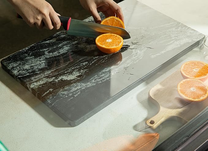 Black Marble Cutting Board for Kitchen, 12x20 Inch Marble Slab Pastry Board With Non-Slip Feet for Baking, Cheese, Charcuterie, Chocolate – Serving Tray Gift