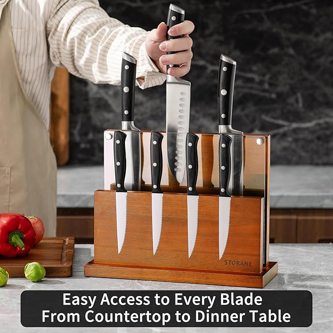 Magnetic Knife Block Extra Large Four-Side Kitchen Knife Holder With Strong Magnetic Strips -Acacia Wood Universal Knife Storage Organizer with Acrylic Shield No Drilling Rack for Kitchen Counter