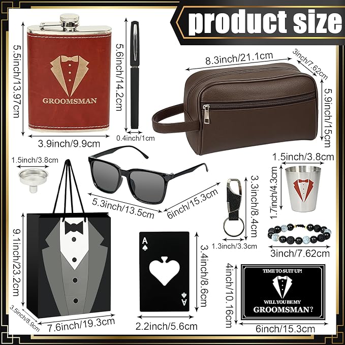 11 Pcs Groomsmen Proposal Gifts - Groomsmen Gift Boxes with Leather Bag，Tuxedo Flask, Funnel，Shot Glasse，Poker Card Bottle Openers, Sunglasses, Pen，Bracelet, Card & Gift Bags for Wedding Party （Brown）