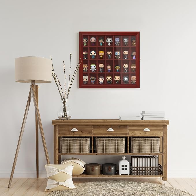 Shot Glass Display Cabinet Solid Wood - Large Display Case for Collectibles | Man Cave Accessories | UV Protection Acrylic Door | Wall Mounted Black Shadow Box | 28 Slots | 18" x 16" Mahogany