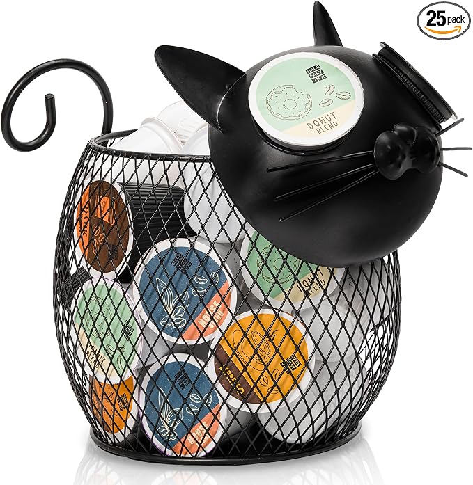 Made Easy Kit Cat Coffee Pod Holder Basket – Metal K-Cup Organizer for Countertop Coffee Bar – Cute Kitchen Décor Storage for Keurig Pods, Creamers & Capsules (25 Pod Capacity)