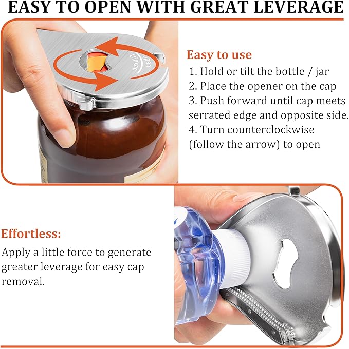 Uinxan Jar Bottle Can Opener for Seniors Arthritis Weak Hands-Easy Twist Off Small Caps (0.6"-2.7"), Pop Top & Pull Tab Seals,Patent Unique Portable Multifunction Gadget for Elderly/Women/Men (Silver)